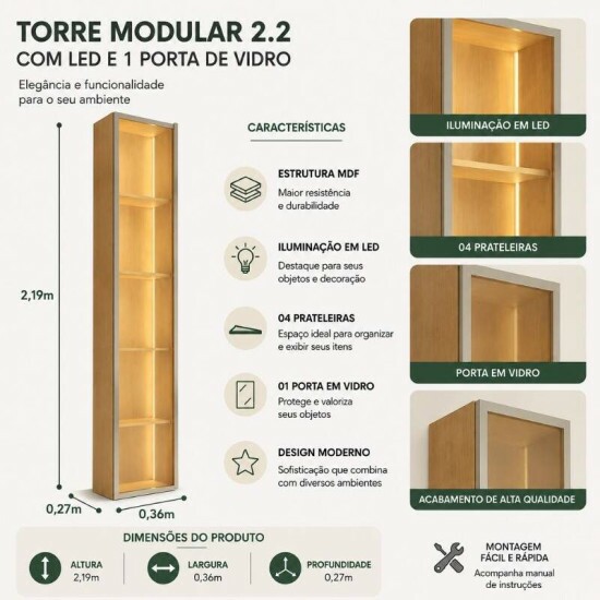 Combo Painel Ripado Plus Modular Nature + Nicho Tucum� Nature/Off + Torre Modular 2.2 Nature + Prateleira Luci Nature Larg. 2.16m - JB Bechara