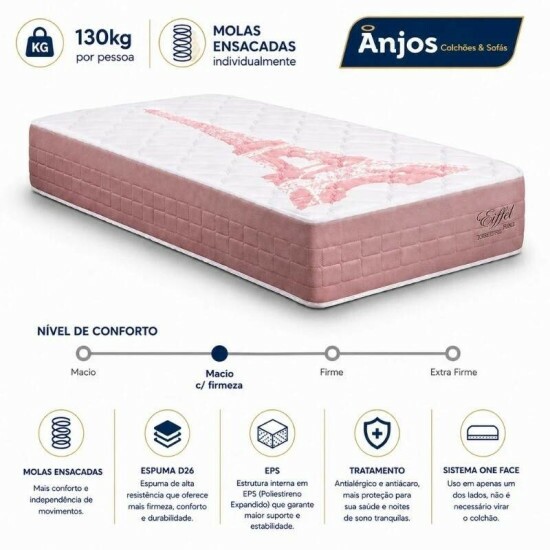 Colch�o Solteiro Molas Ensacadas Eiffel Anjos + Base Box Solteiro Korino Branca Ortobel - 88x188x63 cm