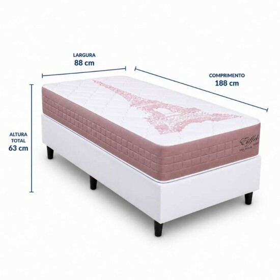 Colch�o Solteiro Molas Ensacadas Eiffel Anjos + Base Box Solteiro Korino Branca Ortobel - 88x188x63 cm