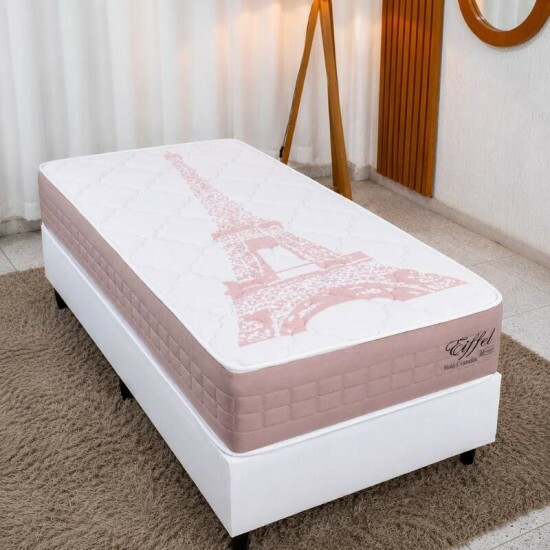 Colch�o Solteiro Molas Ensacadas Eiffel Anjos + Base Box Solteiro Korino Branca Ortobel - 88x188x63 cm