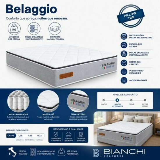 Colch�o Casal Molas Ensacadas Belaggio Bianchi Colch�es + Base Box Casal Ba� Prime Confort Linh�o Petr�leo Blindado Issacar - 138x188x77