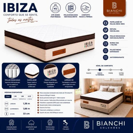 Colch�o Casal Ibiza Molas Ensacadas - Bianchi + Base Box Ba� Casal Prime Confort Linh�o Palha Blindado - Issacar 138x188x78 | Suporta at� 400kg