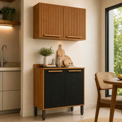 Balc�o Larg. 0.80m Cozinha Fl�rida Cinamomo/Preto + A�reo 2 Portas Ripado Larg. 0.80m Cozinha Florida Cinamomo - Sall�to