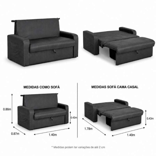 Sof� Cama Daiane Larg. 1.40m C/Ba� Veludinho Chumbo 250