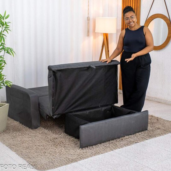 Sof� Cama Daiane Larg. 1.40m C/Ba� Veludinho Chumbo 250