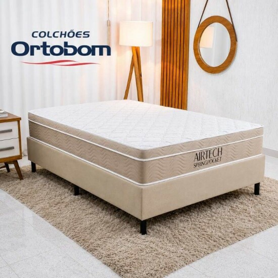 Colch�o Casal Molas Ensacadas Airtech Springpocket Ortobom + Base Box Casal Sued Bege Ortobel - 138x188x62 cm