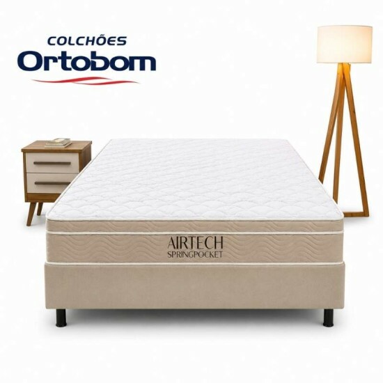 Colch�o Casal Molas Ensacadas Airtech Springpocket Ortobom + Base Box Casal Sued Bege Ortobel - 138x188x62 cm