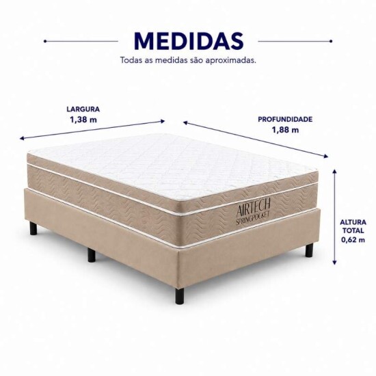 Colch�o Casal Molas Ensacadas Airtech Springpocket Ortobom + Base Box Casal Sued Bege Ortobel - 138x188x62 cm