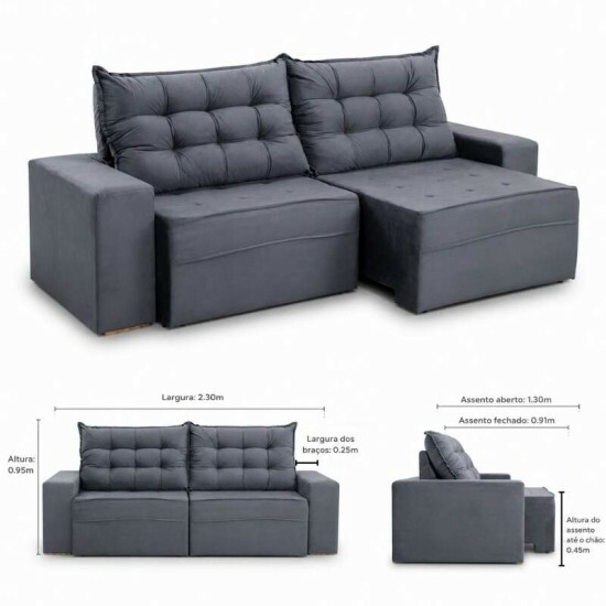 Sof� Retr�til Reclin�vel Vit�ria 2.30m Veludo Cinza 814
