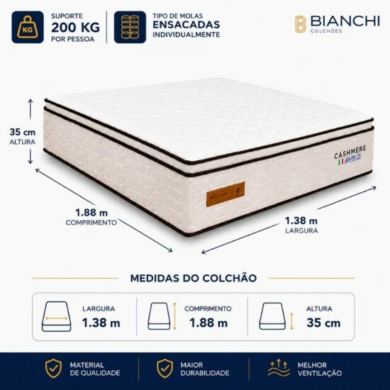 Colch�o Casal Molas Ensacadas Cashmere Bianchi 138x188x35 cm | Suporta at� 400kg