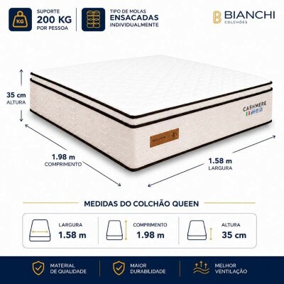 Colch�o Queen Molas Ensacadas Cashmere Prime Bianchi 158x198x35 cm | Suporta at� 400kg