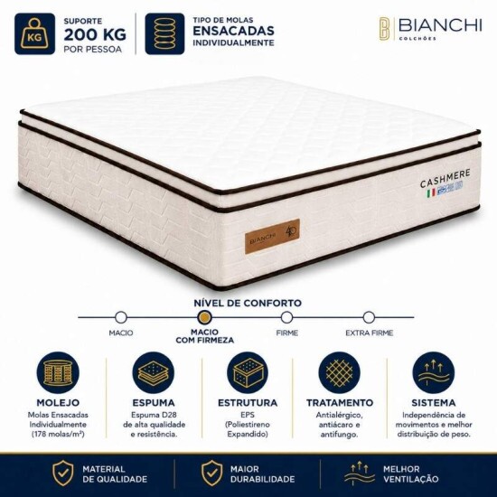 Colch�o Queen Molas Ensacadas Cashmere Prime Bianchi 158x198x35 cm | Suporta at� 400kg