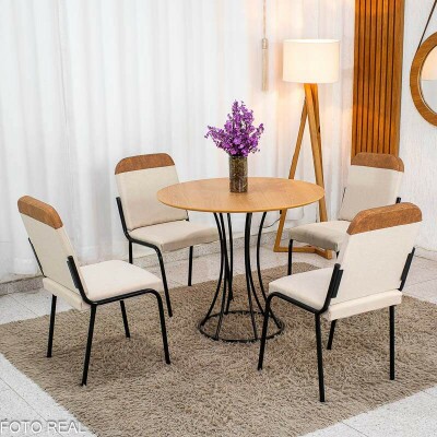 Mesa de jantar Malta Tampo Redonda MDF 90x90 Naturale Base �nix Preto Fosco + 4 Cadeiras Malta Linho Bege e Korino Marrom - Tubo Minas