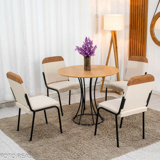 Mesa de jantar Malta Tampo Redonda MDF 90x90 Naturale Base �nix Preto Fosco + 4 Cadeiras Malta Linho Bege e Korino Marrom - Tubo Minas