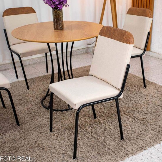 Mesa de jantar Malta Tampo Redonda MDF 90x90 Naturale Base �nix Preto Fosco + 4 Cadeiras Malta Linho Bege e Korino Marrom - Tubo Minas
