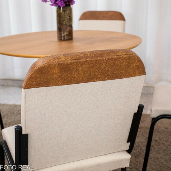 Mesa de jantar Malta Tampo Redonda MDF 90x90 Naturale Base �nix Preto Fosco + 4 Cadeiras Malta Linho Bege e Korino Marrom - Tubo Minas