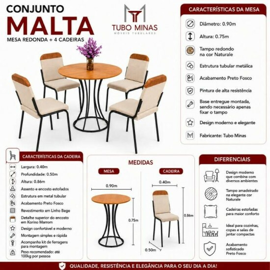 Mesa de jantar Malta Tampo Redonda MDF 90x90 Naturale Base �nix Preto Fosco + 4 Cadeiras Malta Linho Bege e Korino Marrom - Tubo Minas