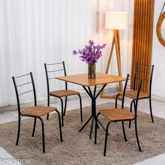 Mesa de Jantar Belize Quadrada 68x68 Naturale Base �rion Preto Fosco + 4 Cadeiras Belize Korino Marrom - Tubo Minas