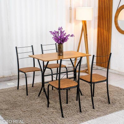 Mesa de Cozinha Belize Tampo MDF 90x58 Naturale com Base Nexus Preto Fosco + 4 Cadeiras Belize Assento em Korino Marrom | Tubo Minas
