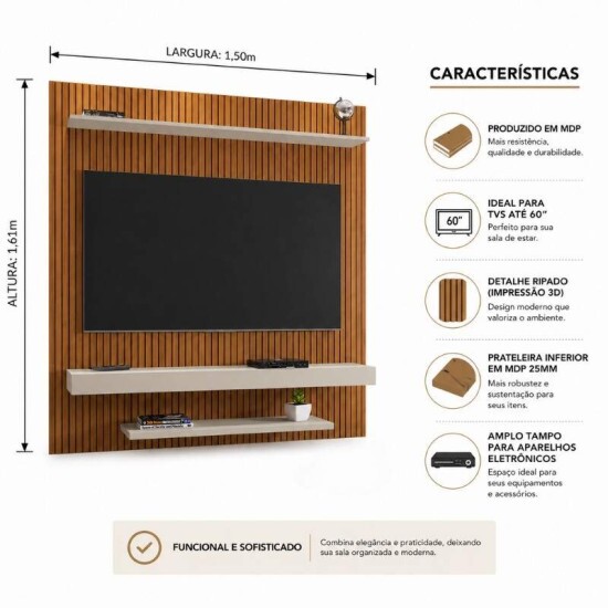 Painel Leme Larg. 1.50m Impress�o Ripada 3D Ripado Naturalle/Off White para TV at� 60\\\" - Bechara
