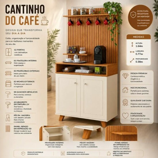 Cantinho do Caf� Star Larg. 0.77m Off White/Nature C/Detalhe Ripado em Impress�o 3D - JA M�veis