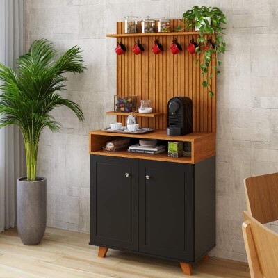 Cantinho do Caf� Star Larg. 0.77m Preto/Nature C/Detalhe Ripado em Impress�o 3D - JA M�veis