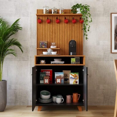 Cantinho do Caf� Star Larg. 0.77m Preto/Nature C/Detalhe Ripado em Impress�o 3D - JA M�veis