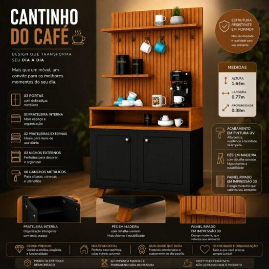 Cantinho do Caf� Star Larg. 0.77m Preto/Nature C/Detalhe Ripado em Impress�o 3D - JA M�veis