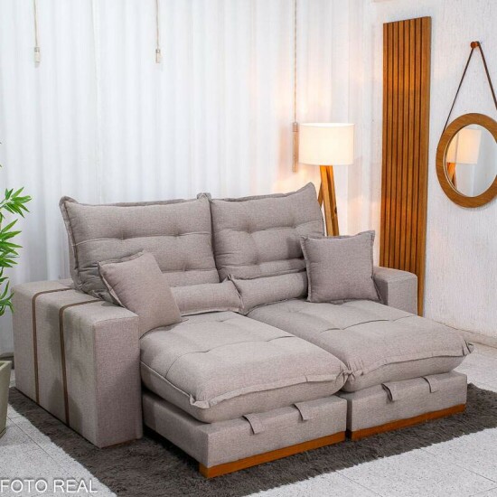 Sof� Retr�til Reclin�vel M�naco 2.10m Linho Capuccino - Molas Ensacadas