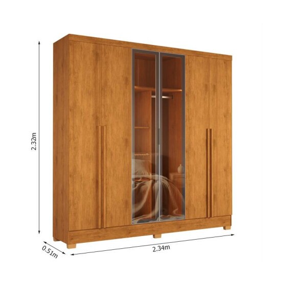 Guarda-roupa Memphis 2.34m Nature 6 Portas C/ 2 Reflecta C/Led 4 Gavetas - J&A M�veis