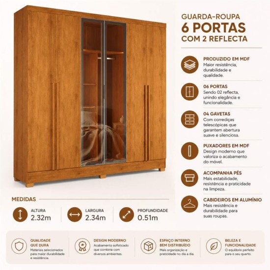 Guarda-roupa Memphis 2.34m Nature 6 Portas C/ 2 Reflecta C/Led 4 Gavetas - J&A M�veis