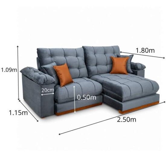 Sof� Retr�til Reclin�vel Verona 2.50m Veludo Cinza - Molas Ensacadas