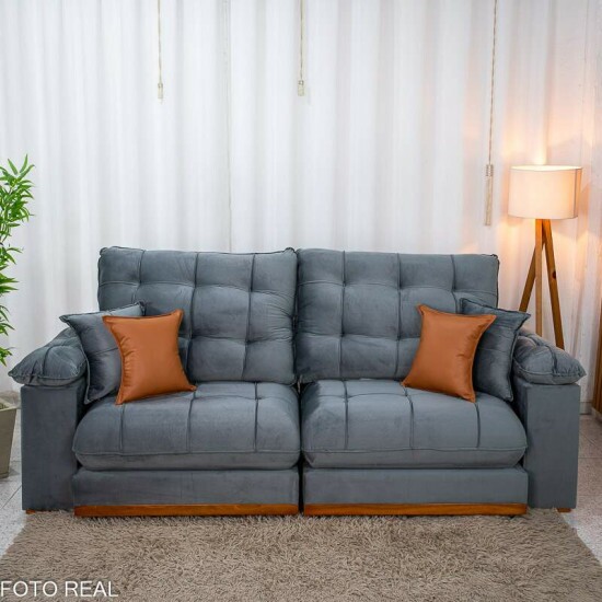 Sof� Retr�til Reclin�vel Verona 2.50m Veludo Cinza - Molas Ensacadas