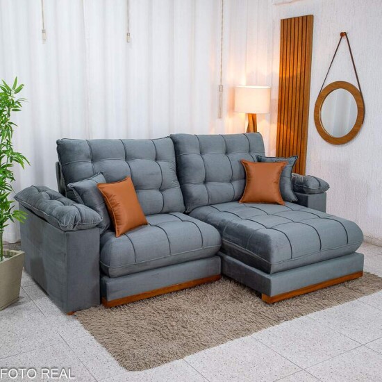 Sof� Retr�til Reclin�vel Verona 2.50m Veludo Cinza - Molas Ensacadas