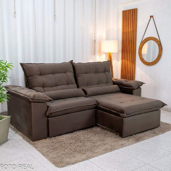 Sof� Retr�til Reclin�vel Emanuelly 2.50m Veludo Marrom