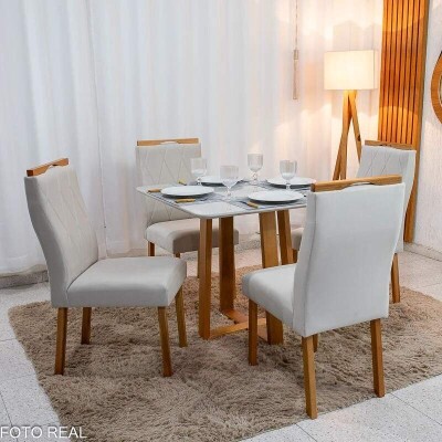 Mesa de Jantar Bali 90x90 Vidro Off Base Madeira Minas Plac + 4 Cadeiras Lisboa Veludo Bege 512 Estrutura Madeira Art Assento | Entregue Montada