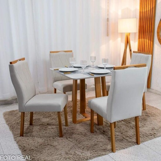 Mesa de Jantar Bali 90x90 Vidro Off/Base Madeira - Minas Plac + 4 Cad. Lisboa Veludo Bege 512 Madeira Art Assento - Entregue Montada