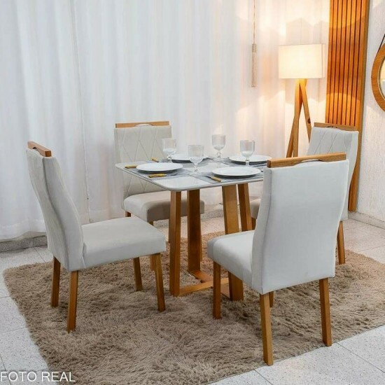 Mesa de Jantar Bali 90x90 Vidro Off/Base Madeira - Minas Plac + 4 Cad. Lisboa Veludo Bege 512 Madeira Art Assento - Entregue Montada