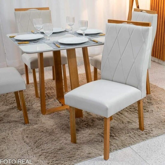 Mesa de Jantar Bali 90x90 Vidro Off/Base Madeira - Minas Plac + 4 Cad. Lisboa Veludo Bege 512 Madeira Art Assento - Entregue Montada