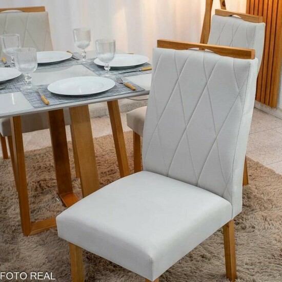 Mesa de Jantar Bali 90x90 Vidro Off/Base Madeira - Minas Plac + 4 Cad. Lisboa Veludo Bege 512 Madeira Art Assento - Entregue Montada