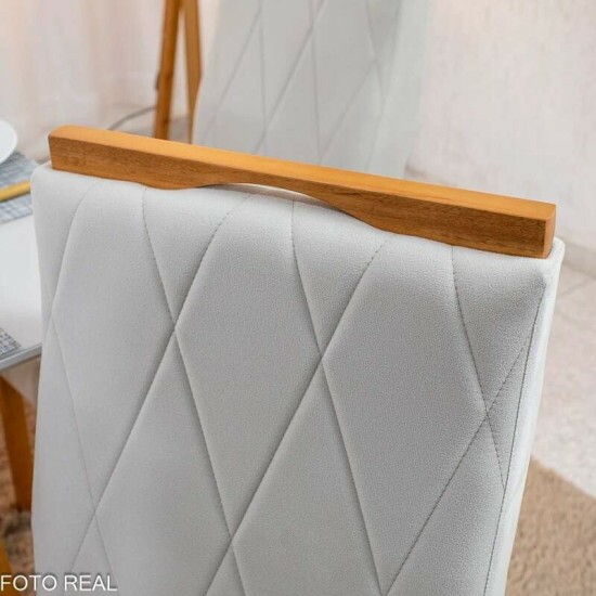 Mesa de Jantar Bali 90x90 Vidro Off/Base Madeira - Minas Plac + 4 Cad. Lisboa Veludo Bege 512 Madeira Art Assento - Entregue Montada