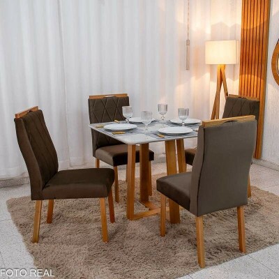 Mesa de Jantar Bali 90x90 Vidro Off/Base Madeira - Minas Plac + 4 Cad. Lisboa Veludo Marrom 509 Madeira Art Assento - Entregue Montada