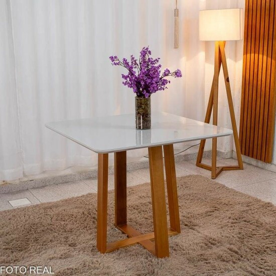 Mesa de Jantar Bali 90x90 Vidro Off Base Madeira Minas Plac + 4 Cadeiras Lisboa Veludo Marrom 509 Estrutura Madeira Art Assento | Entregue Montada