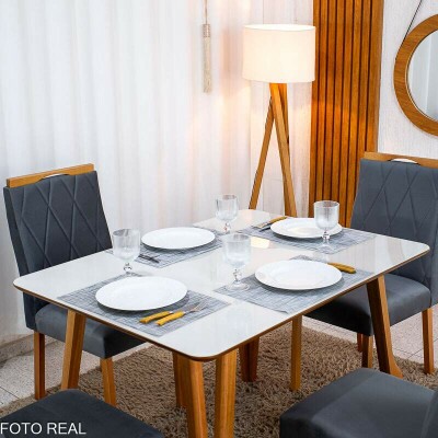 Mesa de Jantar Siena 120x90 Vidro Off Base Madeira + 4 Cadeiras Lisboa Veludo Cinza 507 Art Assento - Entregue Montada