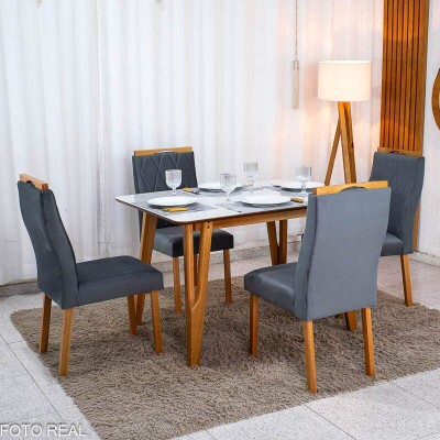Mesa de Jantar Siena 120x90 Vidro Off Base Madeira + 4 Cadeiras Lisboa Veludo Cinza 507 Art Assento - Entregue Montada