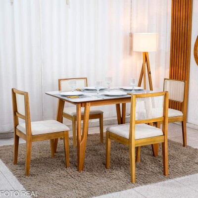 Mesa de Jantar Siena 120x90 Vidro Off Base Madeira Art Assento + 4 Cadeiras Cantiga Boucle Bege Bechara - Entregue Montada