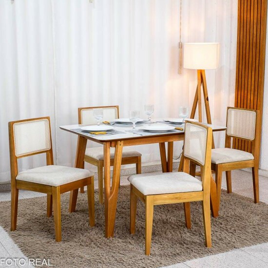 Mesa Siena 120x90 Vidro Off/Base Madeira Art Assento + 4 Cadeiras Cantiga Boucle Bege Madeira Bechara - Entregue Montada