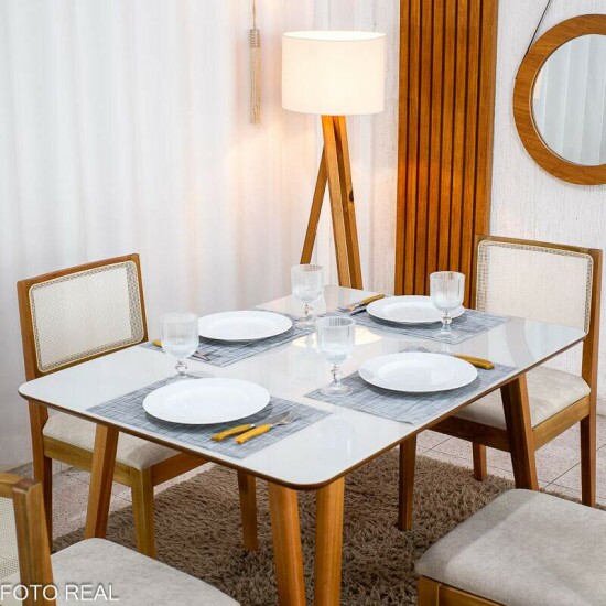 Mesa Siena 120x90 Vidro Off/Base Madeira Art Assento + 4 Cadeiras Cantiga Boucle Bege Madeira Bechara - Entregue Montada