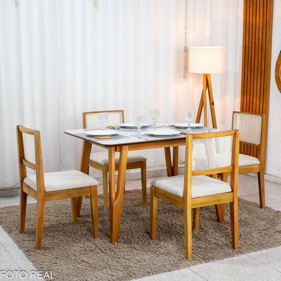 Mesa Siena 120x90 Vidro Off/Base Madeira Art Assento + 4 Cadeiras Cantiga Boucle Bege Madeira Bechara - Entregue Montada