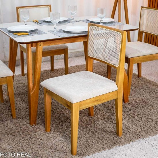 Mesa Siena 120x90 Vidro Off/Base Madeira Art Assento + 4 Cadeiras Cantiga Boucle Bege Madeira Bechara - Entregue Montada
